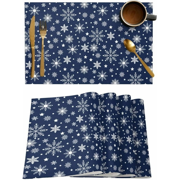 Placemats Set of 6, Cotton Linen Heat Table Mats Non-Slip Washable Christmas Winter White Snowflakes Navy Placemat for Holiday Banquet Dining Kitchen Table Decor