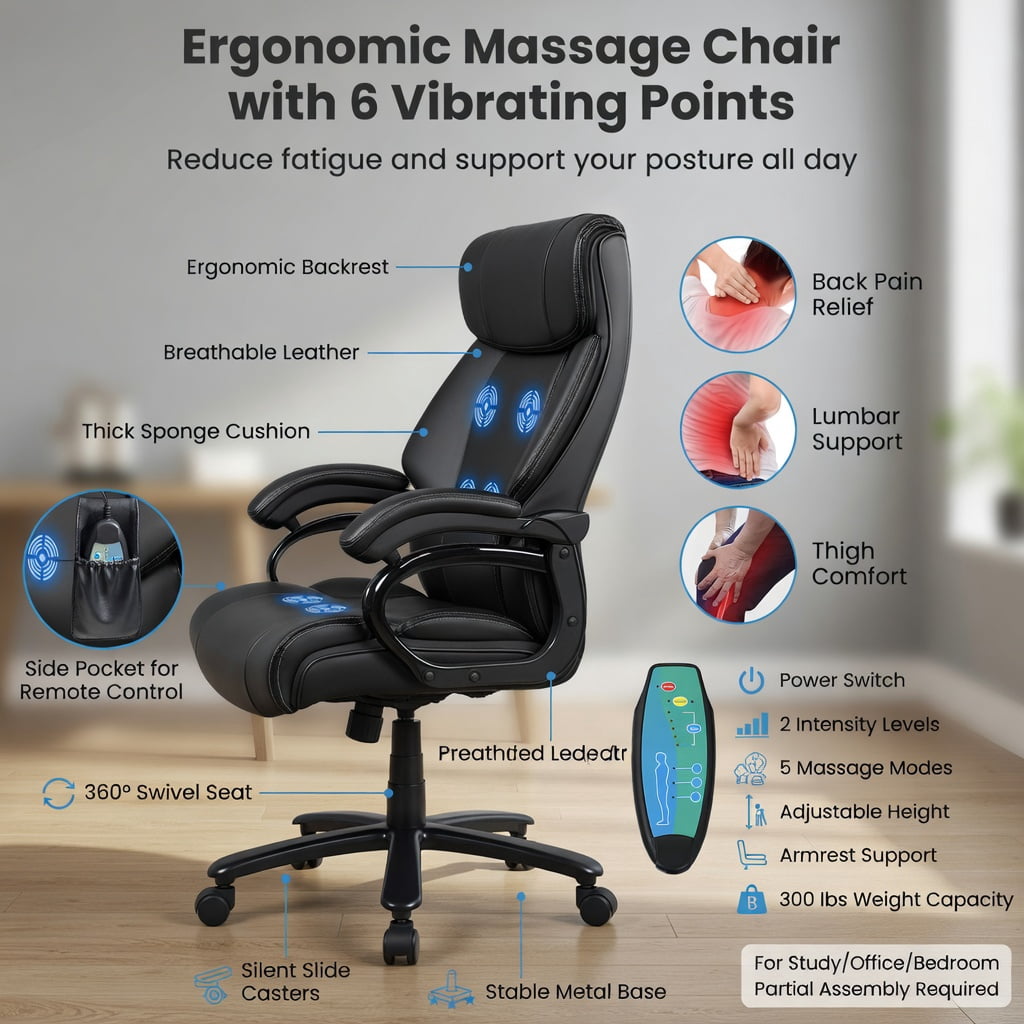 Spaco Big & Tall 400lb PU Leather Massage Office Chair-Black, Home Office Computer Desk Chair, Ergonomic Office Chair for Bedroom,Study