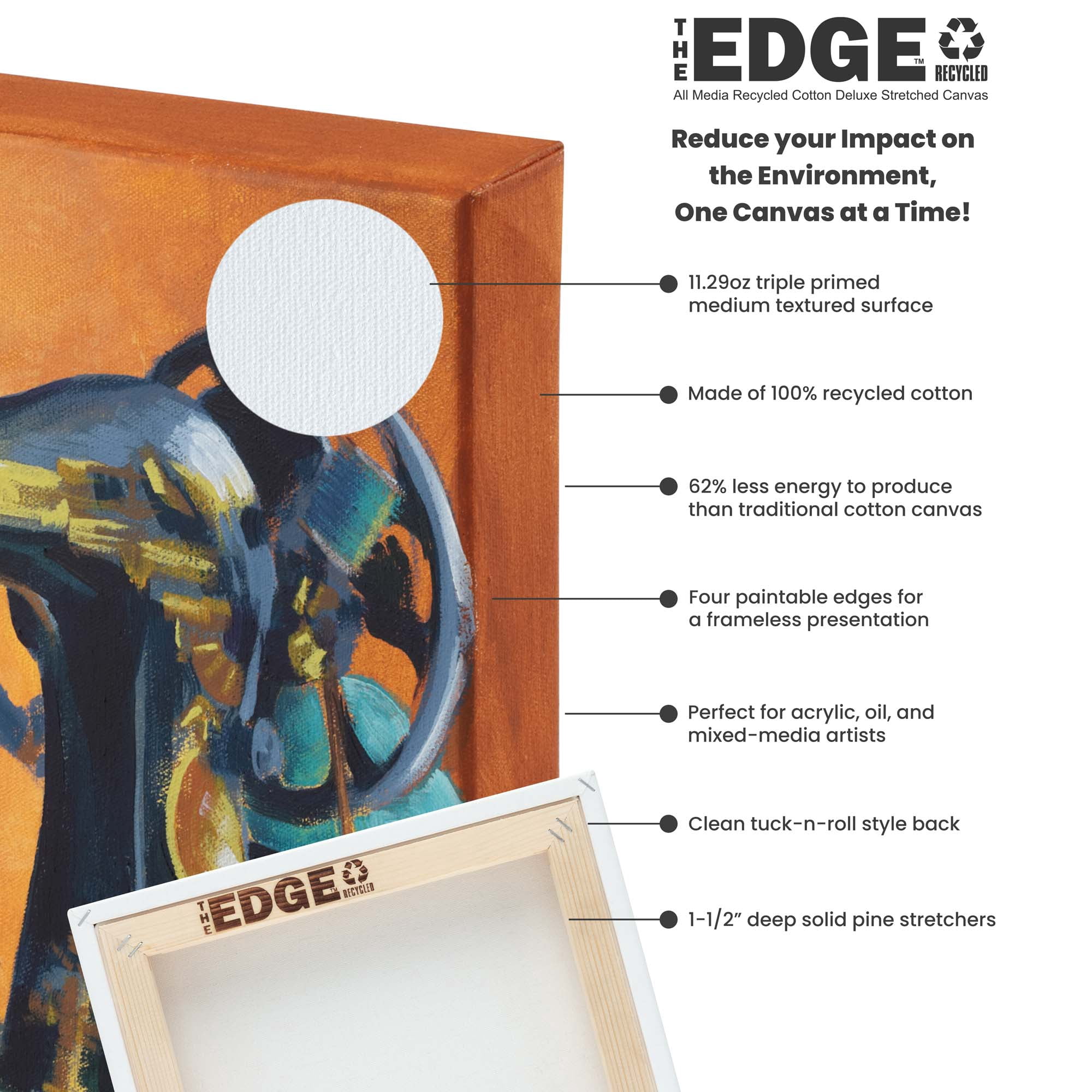 The Edge Eco-Friendly Recycled Cotton Stretched Canvas for Painting - 11x14" Box of 3 - Medium-Textured, Triple Acrylic Primed All Media Painting Canvas, 320gsm, 1-1/2 in. Deep Pine Stretchers