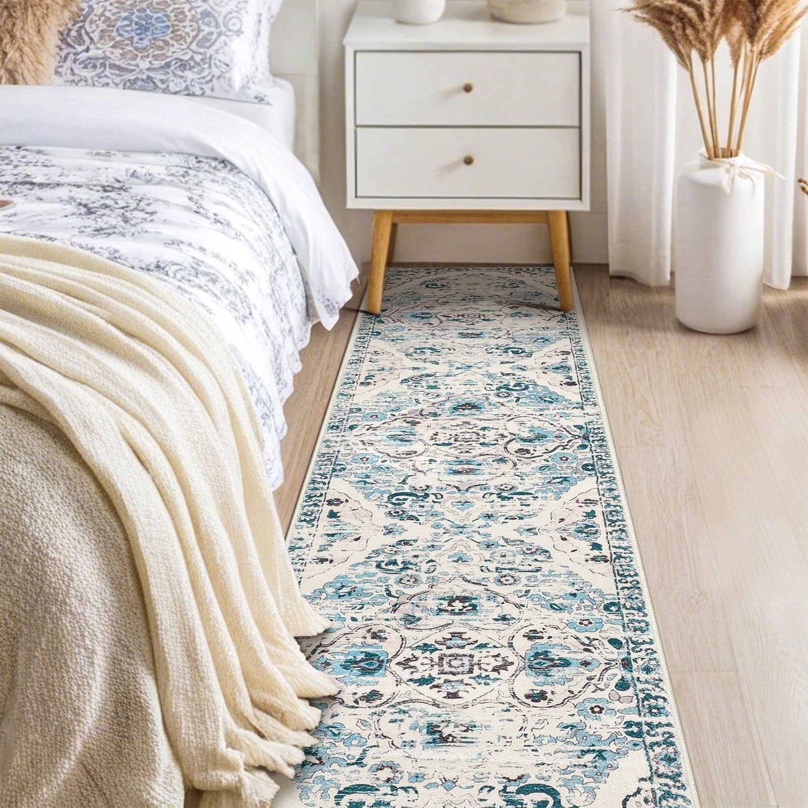 MeyJey 2'x8' Boho Runner Rug for Hallway, Non Slip Machine Washable Rug Distressed Vintage Floor Carpet for Bedroom Kitchen Laundry Room, Blue/Beige