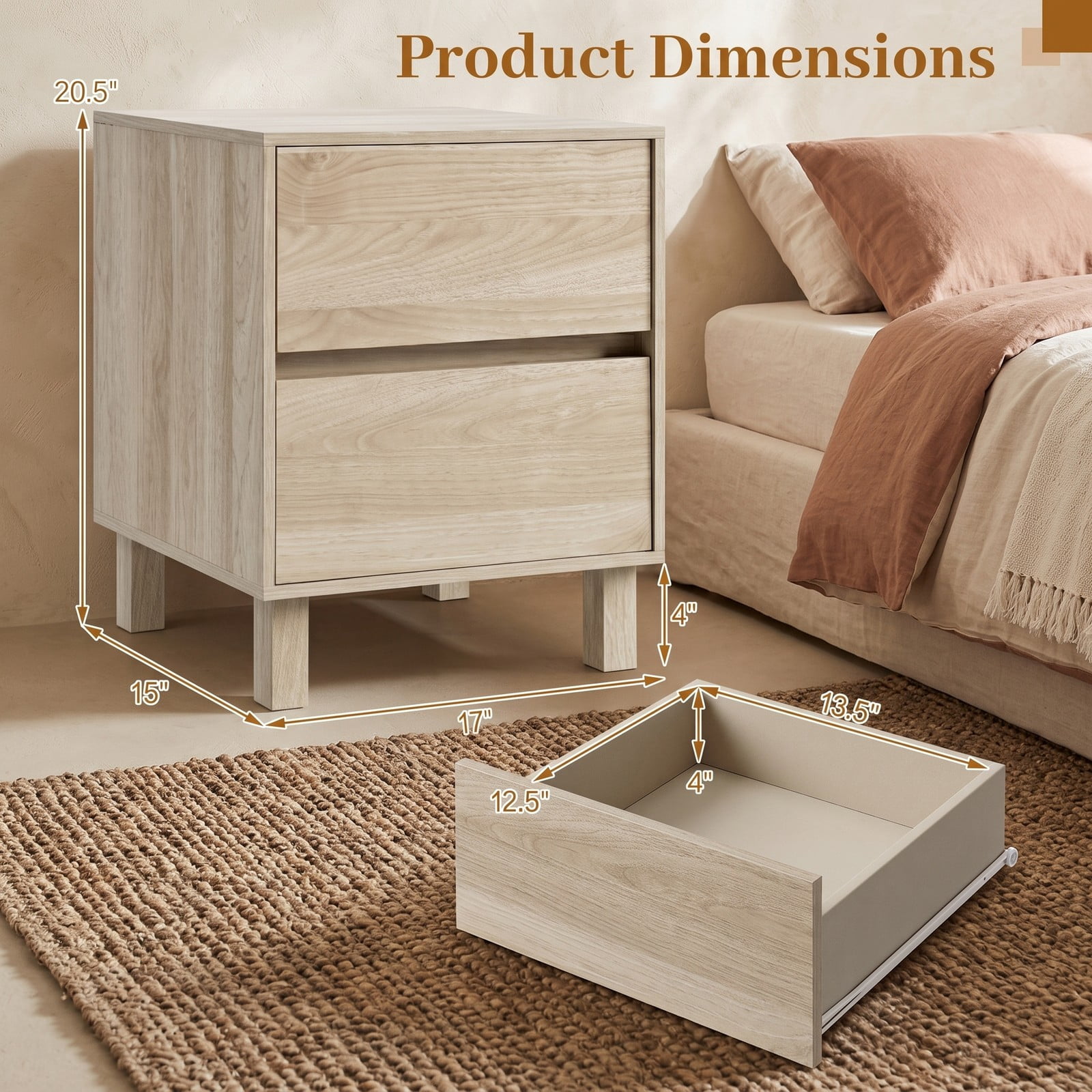 Furnibear Modern Wooden End Table with 2 Storage Drawers, Nightstand Side Table with Elevated Legs and Anti-Toppling Device for Living Room Bedroom Study, Natural