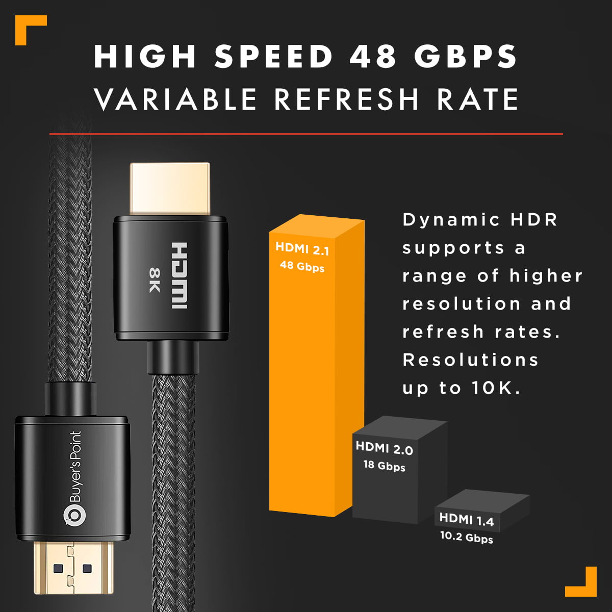 Buyer's Point 8K Ultra High Speed HDMI 2.1 Cable (6ft) with 120Hz & 48Gbps,  compatible with Apple TV, Nintendo Switch, Roku, Xbox, PS5, PS4, Projector,  HDTV, Bluray (Black) 