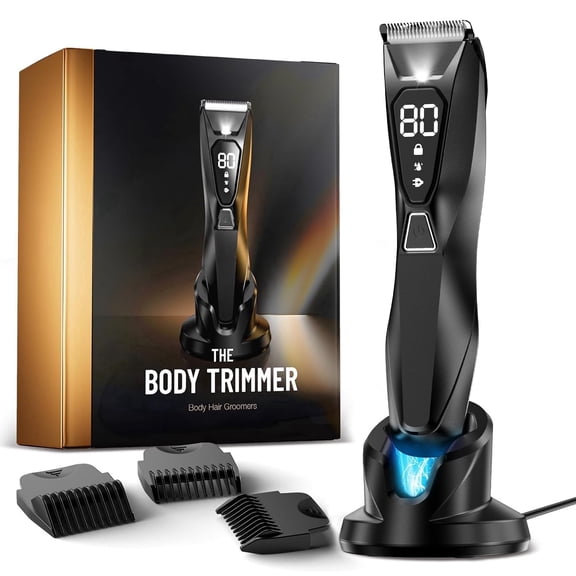 Nogroa Electric Body Hair Trimmer, Groin Trimmer for Men with LCD Display & LED Light, IPX7 Waterproof Ball Shaver Pubic Hair Groomer with Ceramic Blade, USB Recharge Dock, Cordless, 3 Combs