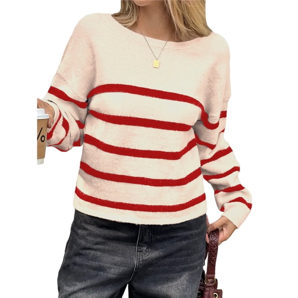 Suéter Corto de Cuello Redondo para Mujer, Larga, Tejido Grueso, Estilo Jersey, Ideal para Otoño Albaricoque Rojo L
