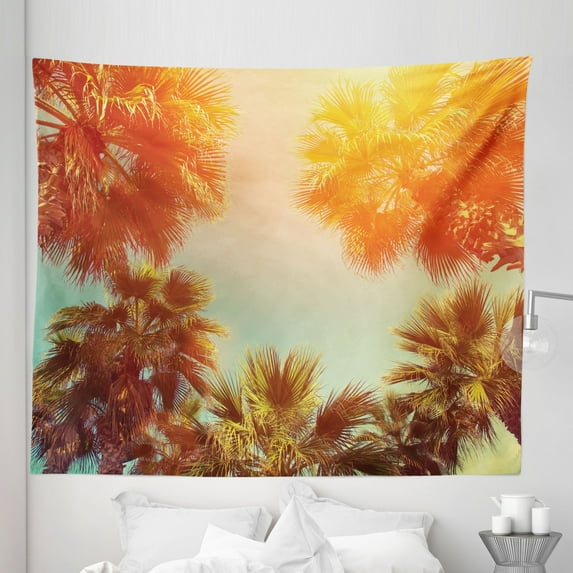 Tropical Tapestry, Trees in Sunlights Tranquility in Tropical Nature Landscape at Summer Theme, Fabric Wall Hanging Decor for Bedroom Living Room Dorm, 5 Sizes, Orange Green, by Ambesonne