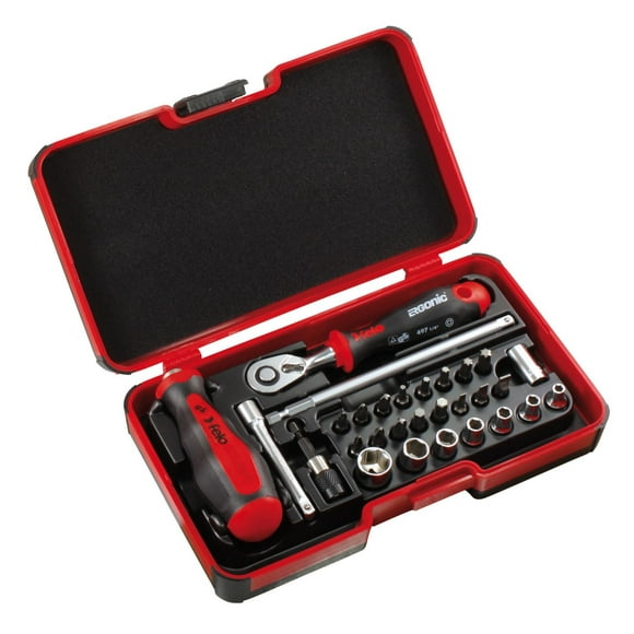 Felo Smart II Set with 2 Components Handle: Screwdriver and T-Handle in one. 29 Pieces in Strong Box