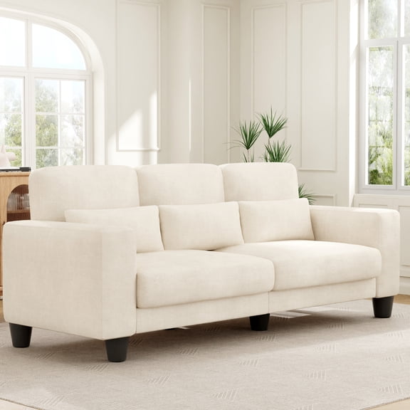 3 Seater Sofa, Upholstered Couch with 3 Pillows and Removable Linen Cover, Deep Seat Sofa with Wide Armrests for Living Room, Bedroom, or Office, Beige