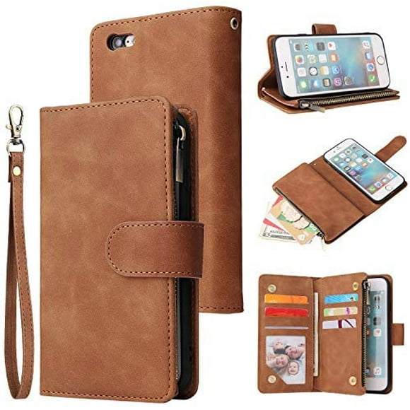 UEEBAI Wallet Case for iPhone 6 Plus iPhone 6S Plus, Premium Vintage PU Leather Magnetic Closure Handbag Zipper Pocket