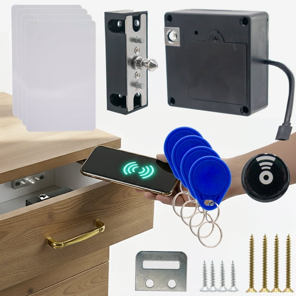 RFID Cabinet Lock – Keyless Hidden Access with Phone NFC Unlock, Battery or USB Powered Kit with 4 Cards 4 Keys for Drawers Cabinets