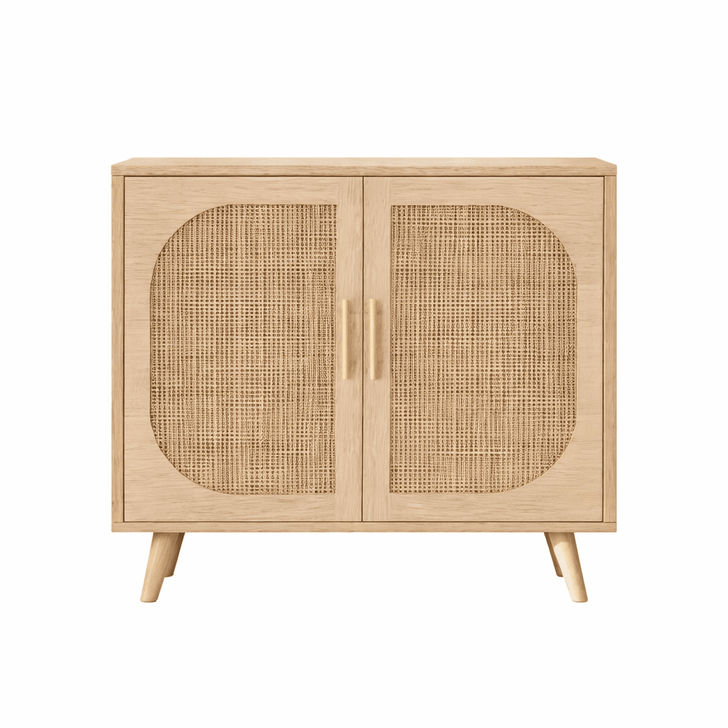 Homy Casa Accent Cabinet, 2-Door Rattan Storage Cabinet with Shelves, Natural