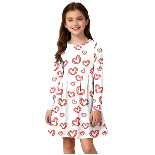 EGNMCR Robe à Manches Longues Col Rond Filles Robe Extensible à Manches Longues Robe Évasée Patineuse Robe de Récital Scolaire Robe à Manches Longues Col Rond Fille Robe en Polyester