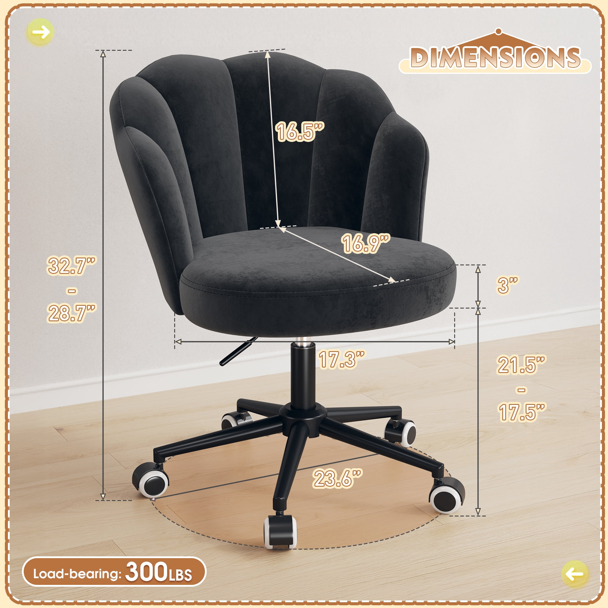 Romorgniz Velvet Vanity Chair with Petal Backrest Height Adjustable Desk Chair with Wheels Seashell Makeup Chair for Bedroom, Black