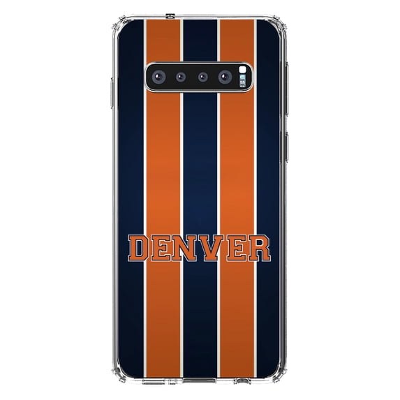 DistinctInk Clear Shockproof Hybrid Case for Samsung Galaxy S10 (6.1" Screen) - TPU Bumper, Acrylic Back, Tempered Glass Screen Protector - Orange Navy Broncos - Football Team