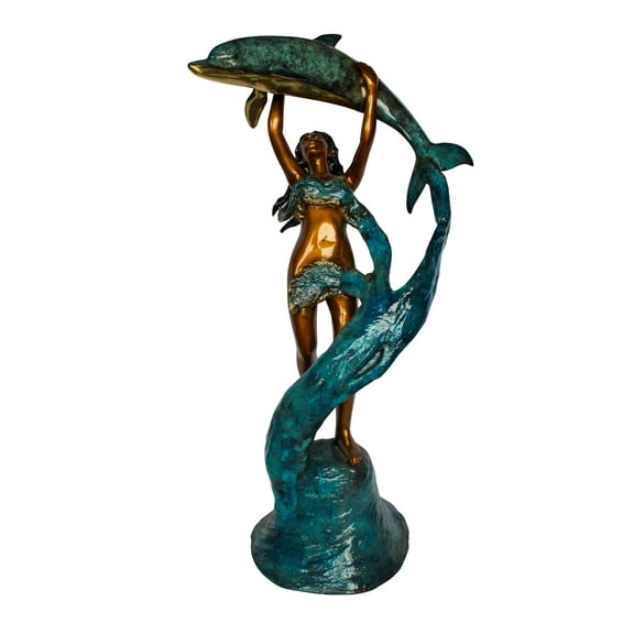 Bronze Mermaid And Dolphin Fountain Statue Lost Wax Sculpture 25" x 24" x 57"H