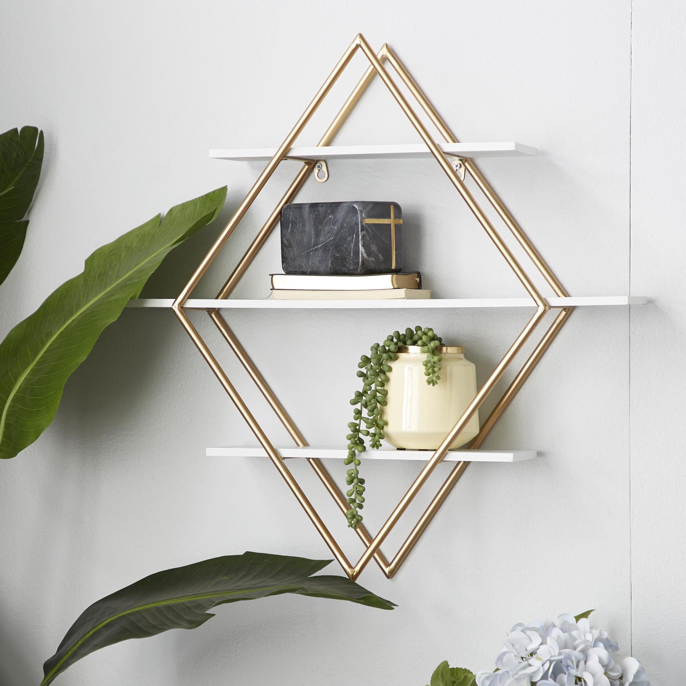 DecMode 20" x 6" 3-Tier Gold Geometric Wall Shelf with Diamond Shape