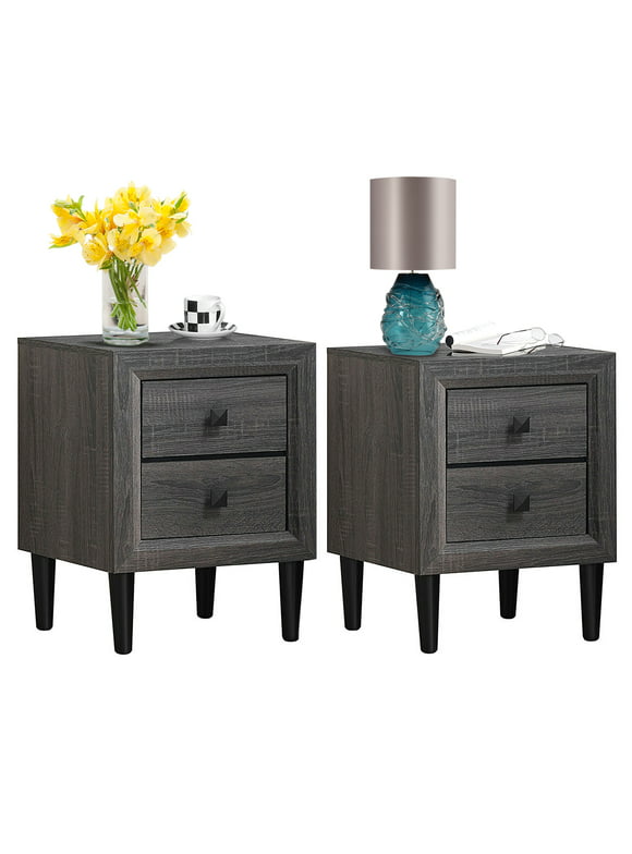 Costway 2PCS Nightstand W/2 Drawer Multipurpose Retro Grey Bedside Table Fully Assembled
