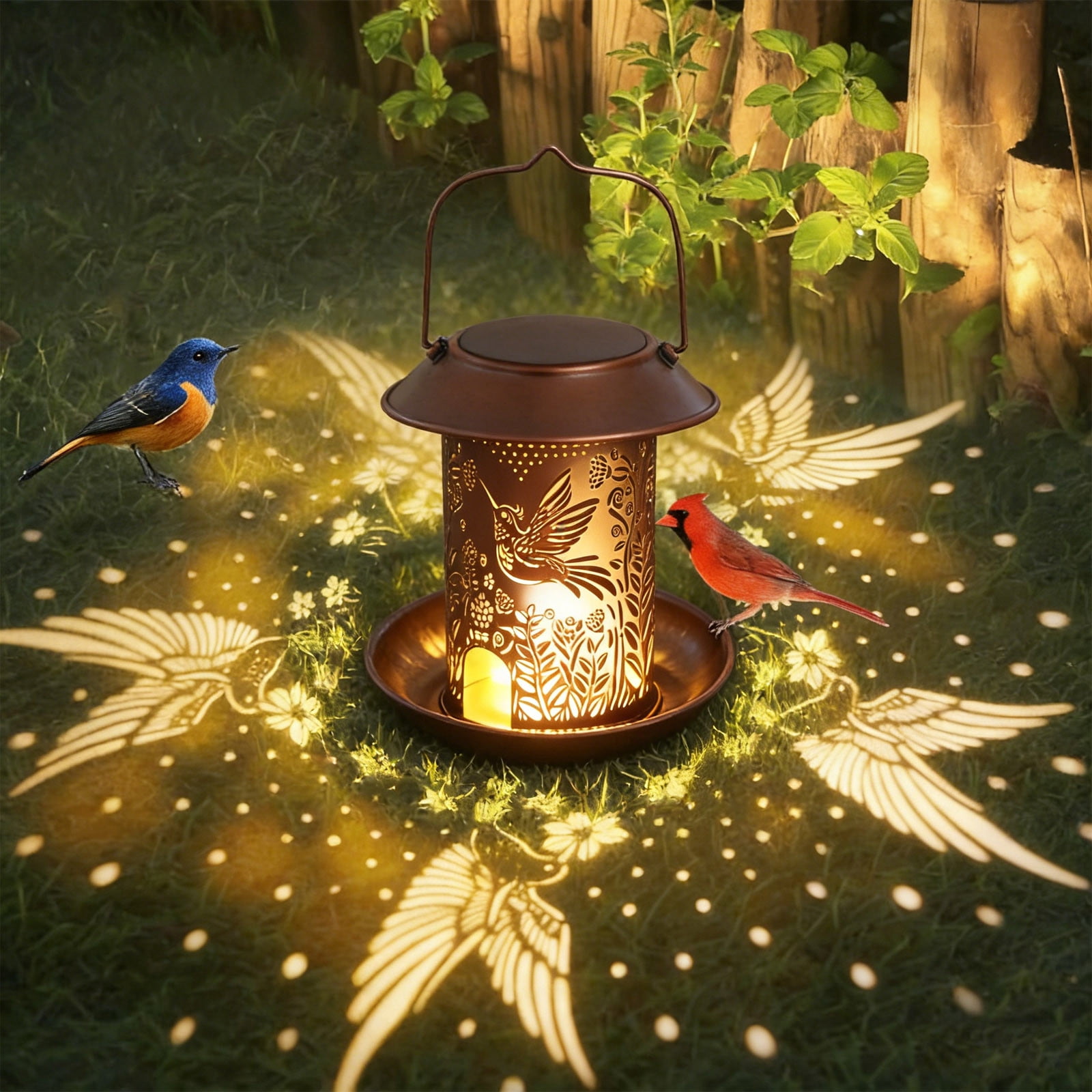 Solar Bird Feeders For Outdoors Hanging IP65 Solar Light Feeder Outdoor Waterproof Iron Hollow Decoration Gift Garden Light Bird Feeder Birdhouses Squirrel Proof