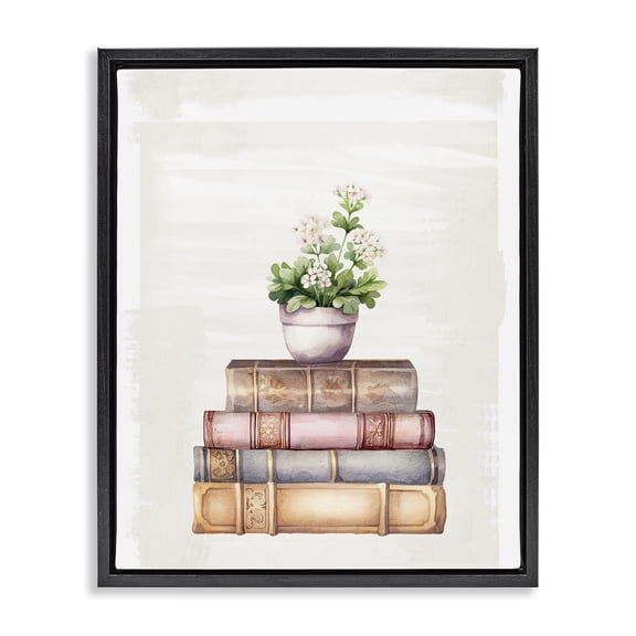 Stupell Industries Shabby Chic Floral Pot & Vintage Books Black Floating Frame Canvas Art, 17 x 21, by Kim Allen
