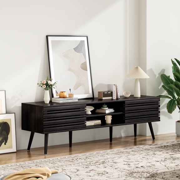 Hommoo Mid Century Modern TV Stands up to 70", Wooden Home Entertainment Center TV Console Cabinet with Sliding Tambour Door & Adjustable Shelves, Black