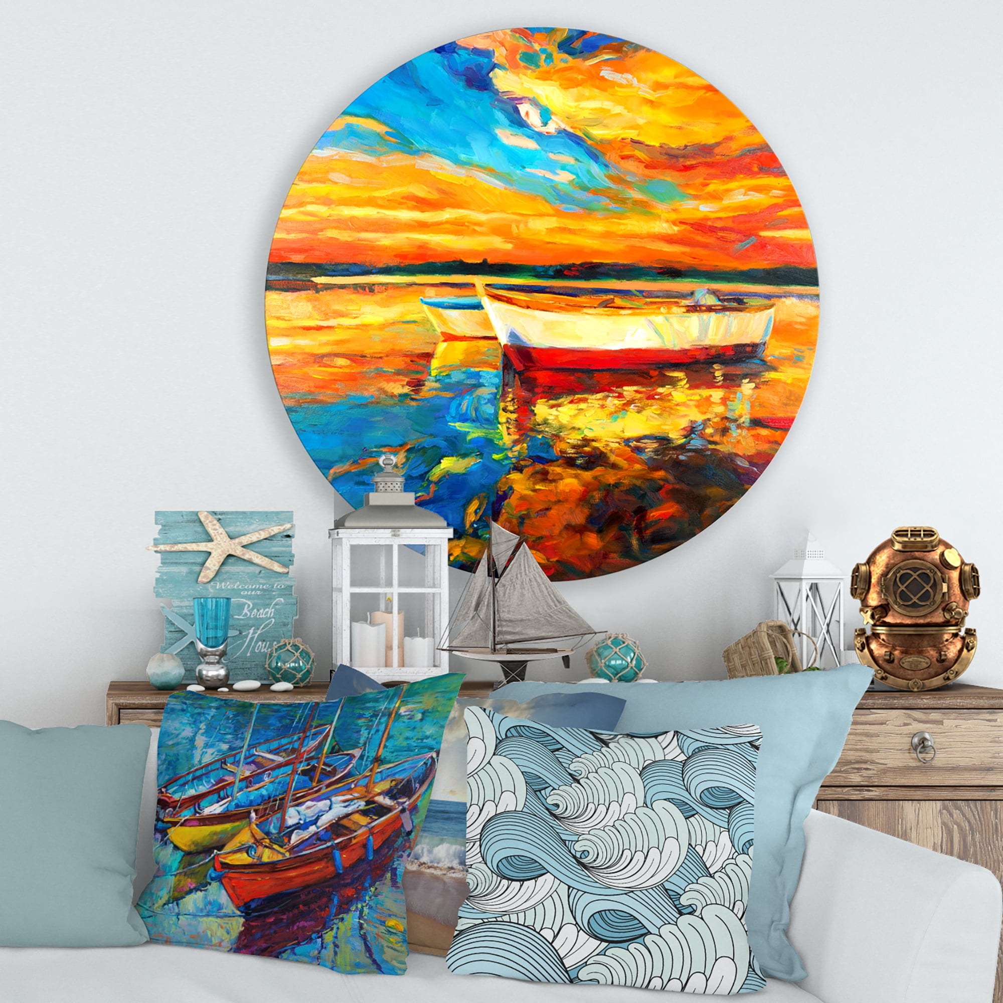 Designart 'Red and White Boats By The Pier At A VIbrant Sunset' Nautical & Coastal Circle Metal Wall Art 36x36 - Disc of 36