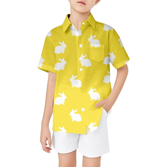 Easter Bunny Print Short Sleeve Stand Collar Button Up Shirt With Pockets Yellow 13Y-14Y
