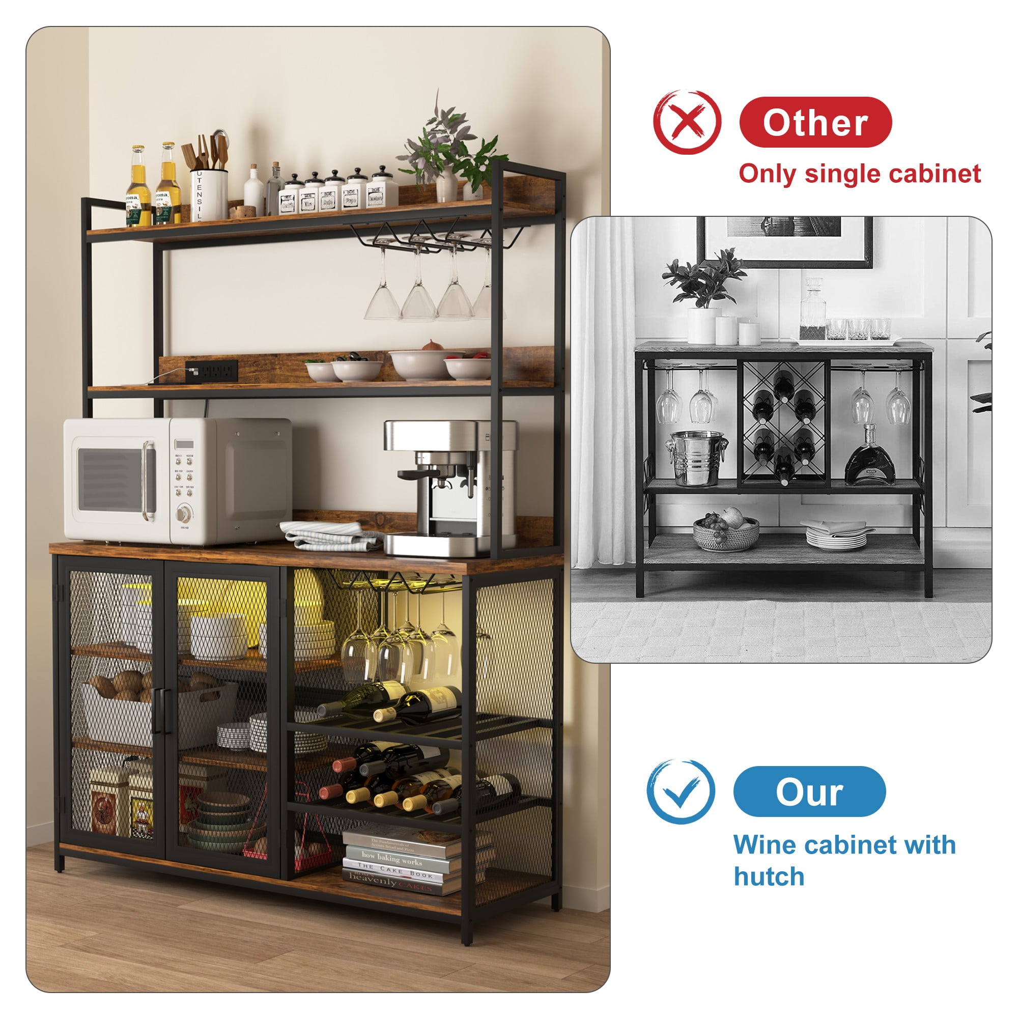 Finihen Coffee Bar Cabinet, Industrial Buffet Cabinet with LED Strip and Glass Holder, 3-Tiers Liquor Cabinet Bar for Home, Dining Room, Kitchen, Brown Finihen Coffee Bar Cabinet, Industrial Buffet Cabinet with LED Strip and Glass Holder, 3-Tiers Liquor Cabinet Bar for Home, Dining Room, Kitchen, Brown