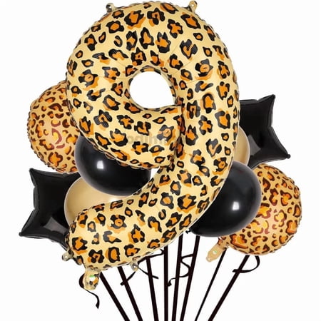 9Pcs Leopard Print Number 9 Round Star Foil Rubber Balloons Backdrops Kit for Cheetah Animal Theme Birthday Girls/boys Birthday 9th Wedding Anniversary Party Atmosphere Decoration Supply