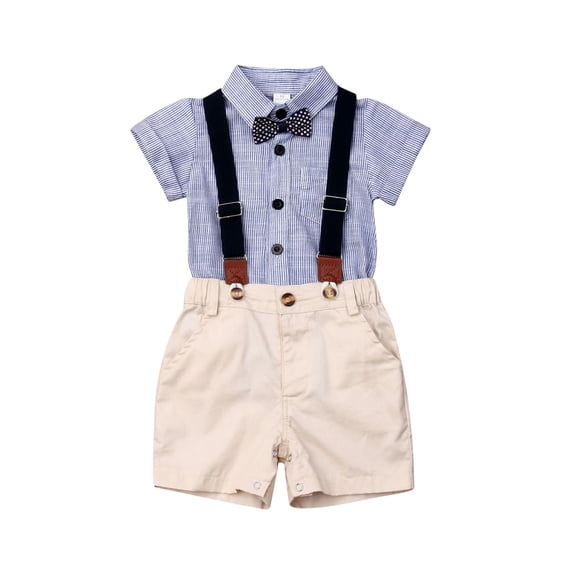 Qmyliery Baby Boys 2PCS Outfit Set, Short Sleeve Bow Folded Collar Buttons Romper, Short Suspender Pants, Gentleman Outfit Set