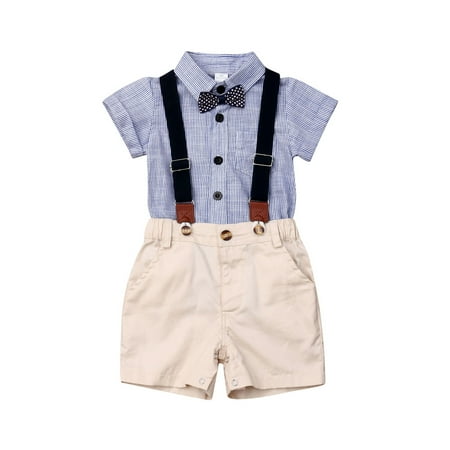 

Infant Baby Boys Gentleman Outfit Suits Short Sleeve Shirts Romper Bodysuits Bib Pants Bow Tie Overalls Clothes Set