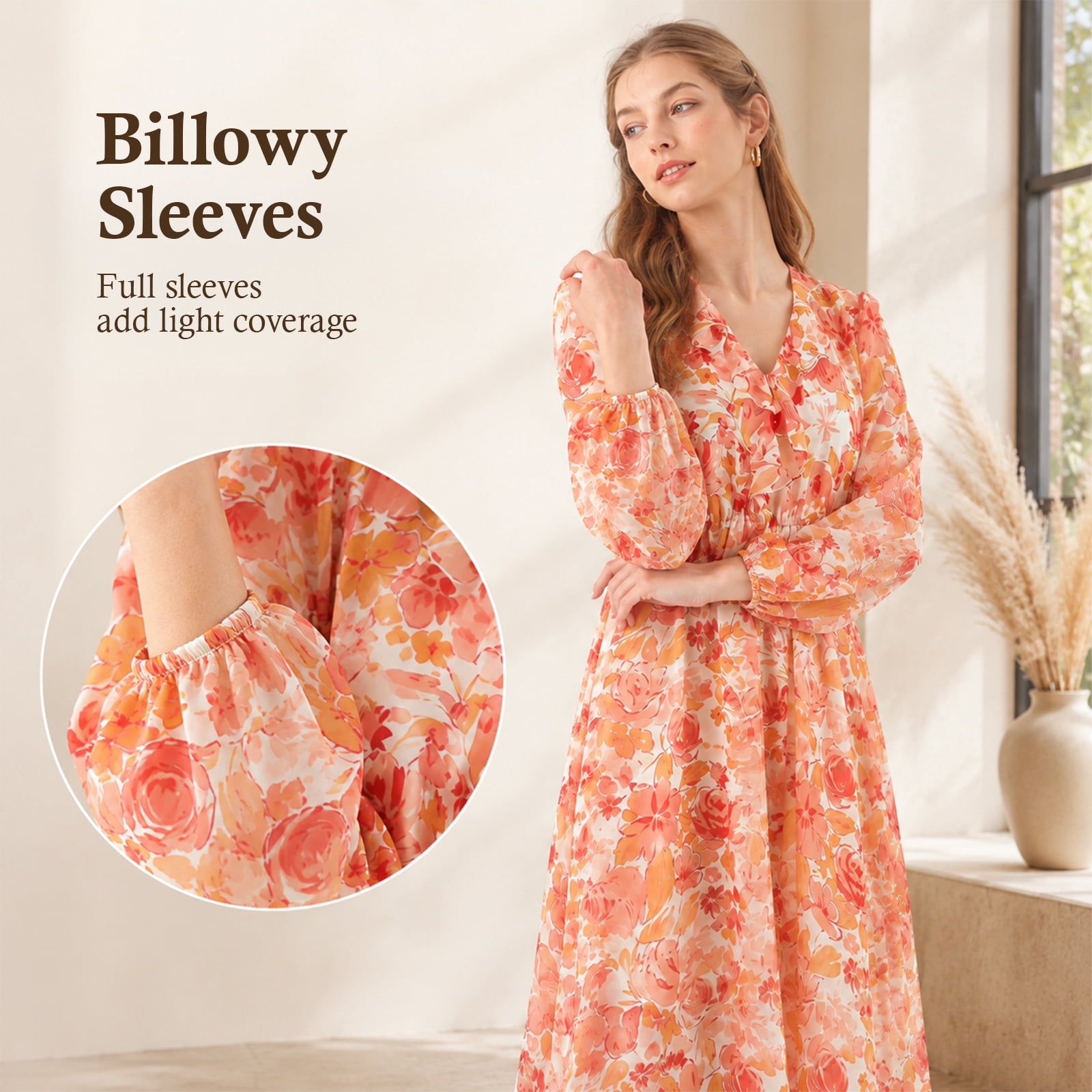 Alvantor Women's Floral V-Neck Long Sleeve Midi Dress, Red Multi Flower Print