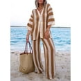 thumbnail image 3 of Women's Knit Crochet Loungewear Set, Stripe Print Half Sleeve V-Neck T-Shirt + Wide Leg Pants, 3 of 6
