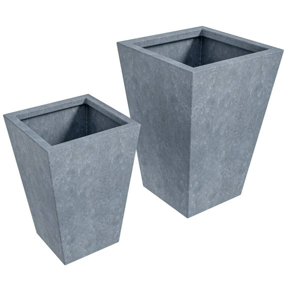 LeisureMod Serene Mid-Century Modern Fiberstone and Clay Planter Set - Tapered Square Plant Pot with Drainage Holes for Indoor and Outdoor Home (Aged Concrete)