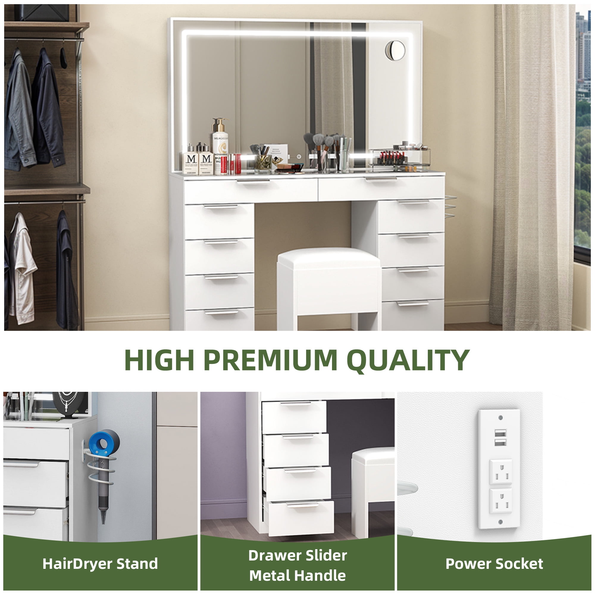 Uforic 10-Drawer Set Makeup Vanity Dressers with Light and Extra-Large Mirror, Glass Top with 3 Color Modes, Storage Bench, White