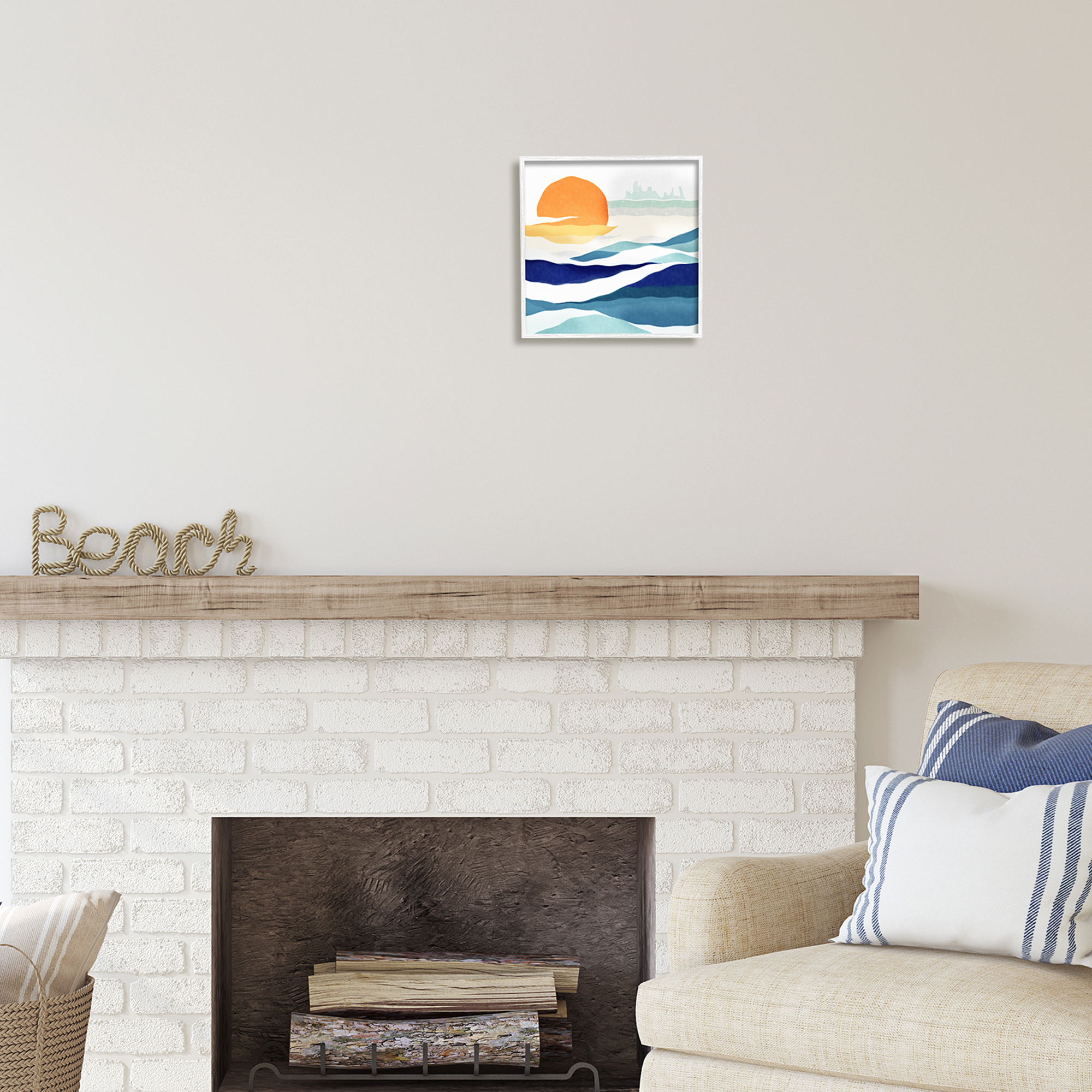 Stupell Industries Abstract Sun & Waves Landscape Painting White Framed Art Print Wall Art, 12 x 12