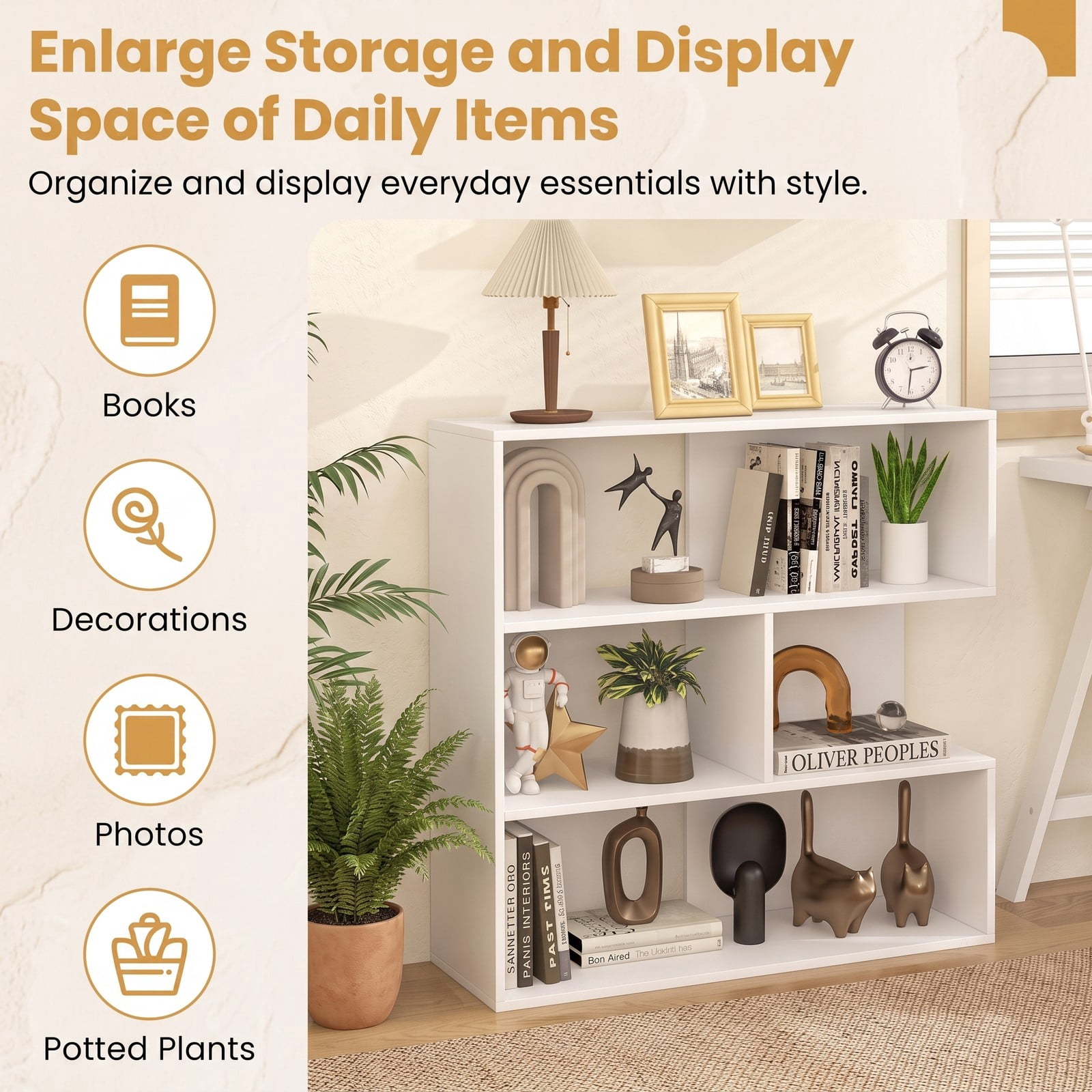Furnibear Concave Geometric Bookshelf, 3-Tier Open Bookcase with Anti-Tipping Kit for Living Room Bedroom Study Office, Freestanding Display Storage Shelf Unit, White