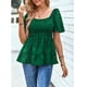 thumbnail image 5 of Top de manga corta para mujer, camisa con cintura elástica fruncida, dobladillo suelto de Jacquard, Top de moda verde L, 5 of 8