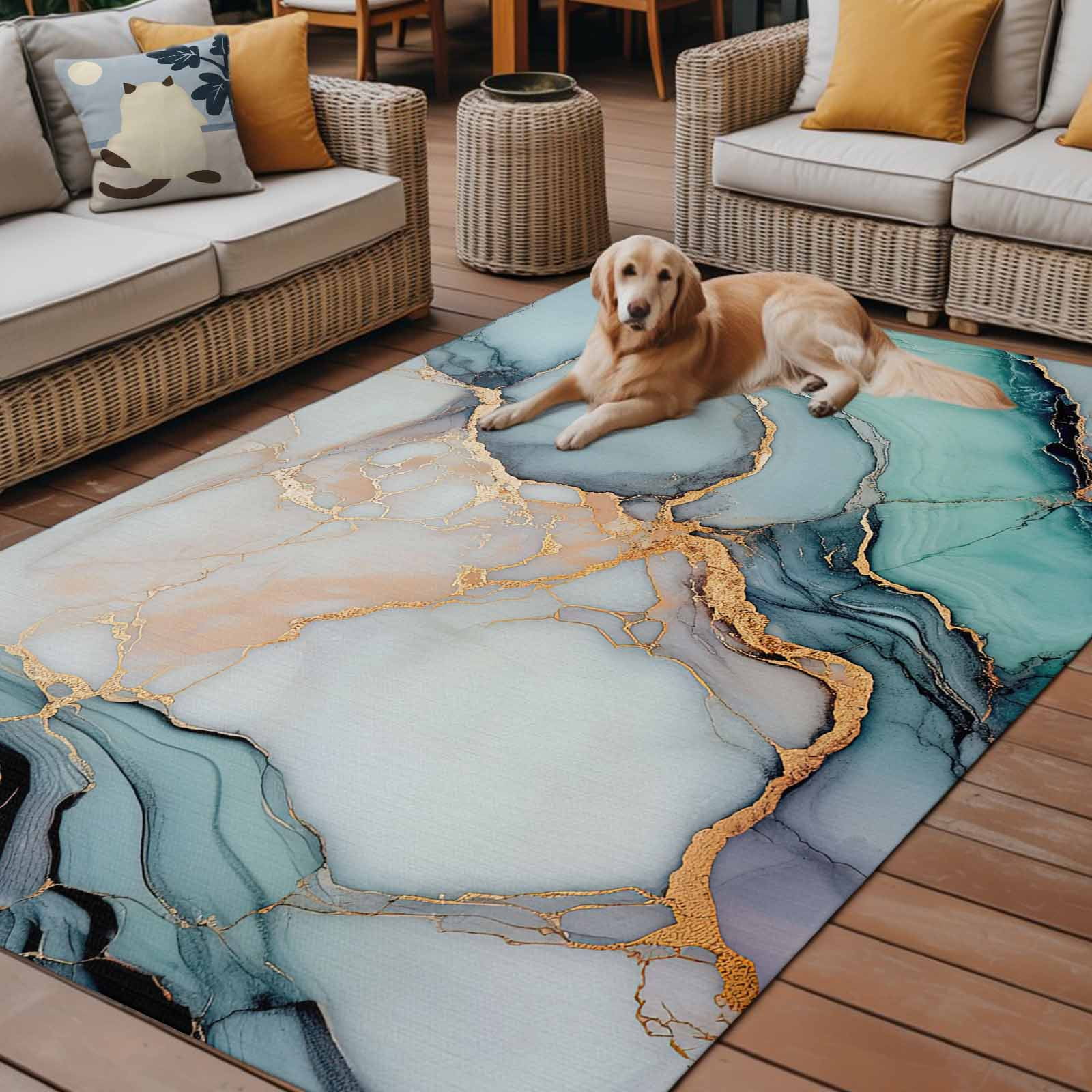 Outdoor Rug 5x8ft Teal Blue Grey Marble Large Area Rug Modern Abstract Art Indoor Outdoor Carpet Outdoor Rugs Mats for Patio Camping,RV,Front Door, Outside Decor