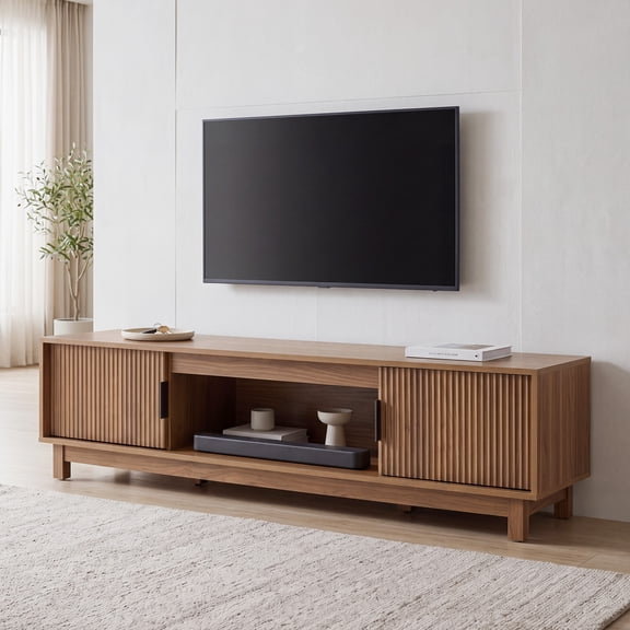 EDX Rattan TV Stand for 70" TV , Media Console Table with Storage with Cabinets and Shelves for Living Room, Brown