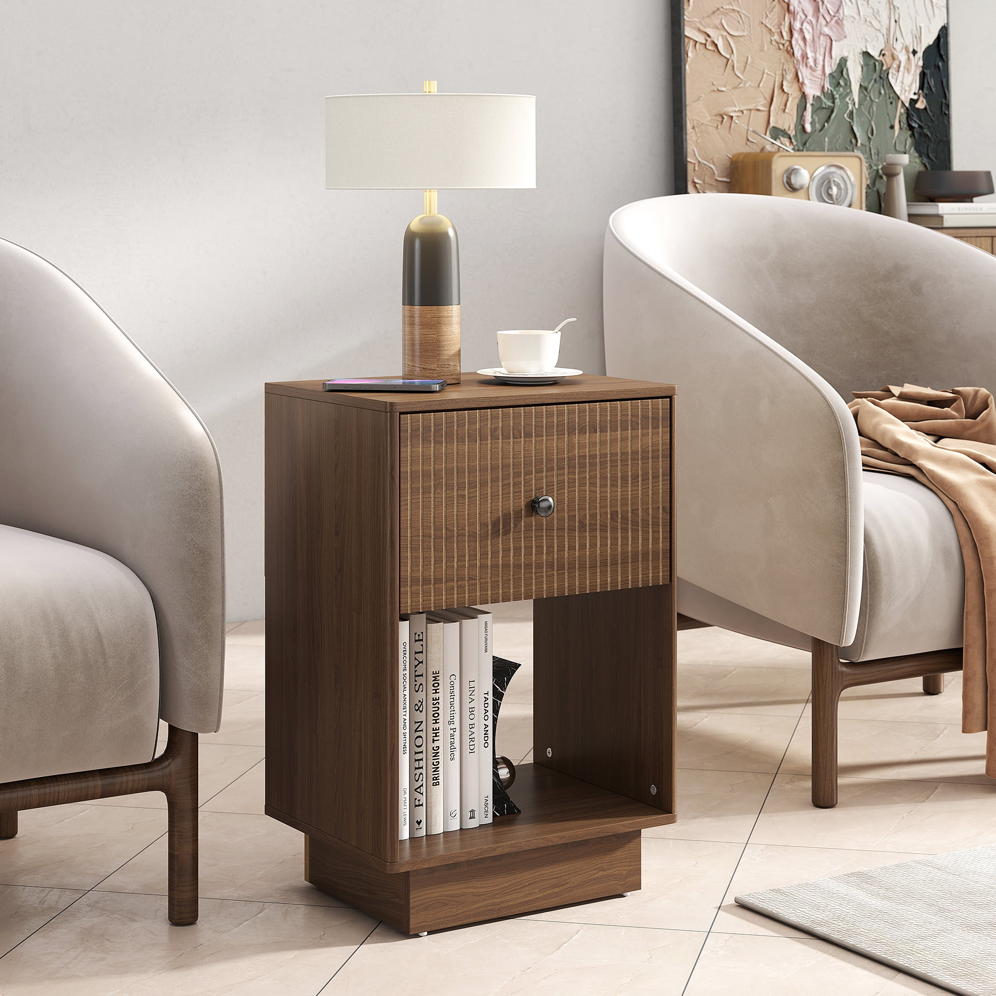 Fluted Nightstand Set of 2, Mid Century Bedside Tables with Drawer & Storage, Small End Tables for Bedroom, Walnut