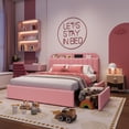thumbnail image 3 of Festisoul Queen Bed Frame with Storage Headboard & 2 Drawers, Boucle Upholstered Platform Bed with Bookcase, No Box Spring Needed, Noise Free, Pink, 3 of 8