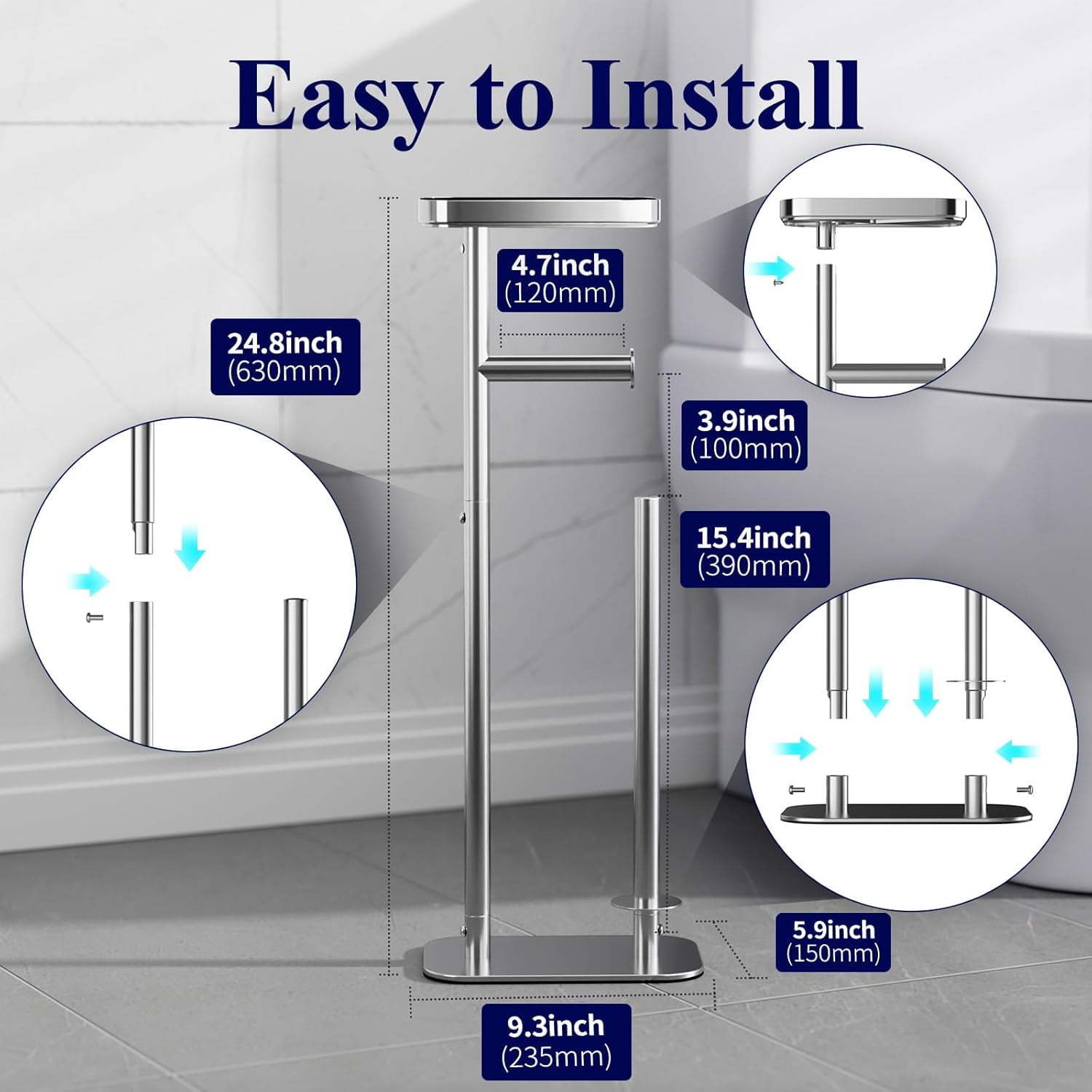 Toilet Paper Holder Free Standing – Rustproof Metal Toilet Paper Stand for 4 Rolls with Anti-Slip Base and Shelf for Phone & Small Items, Bathroom Organizers and Storage, Medium