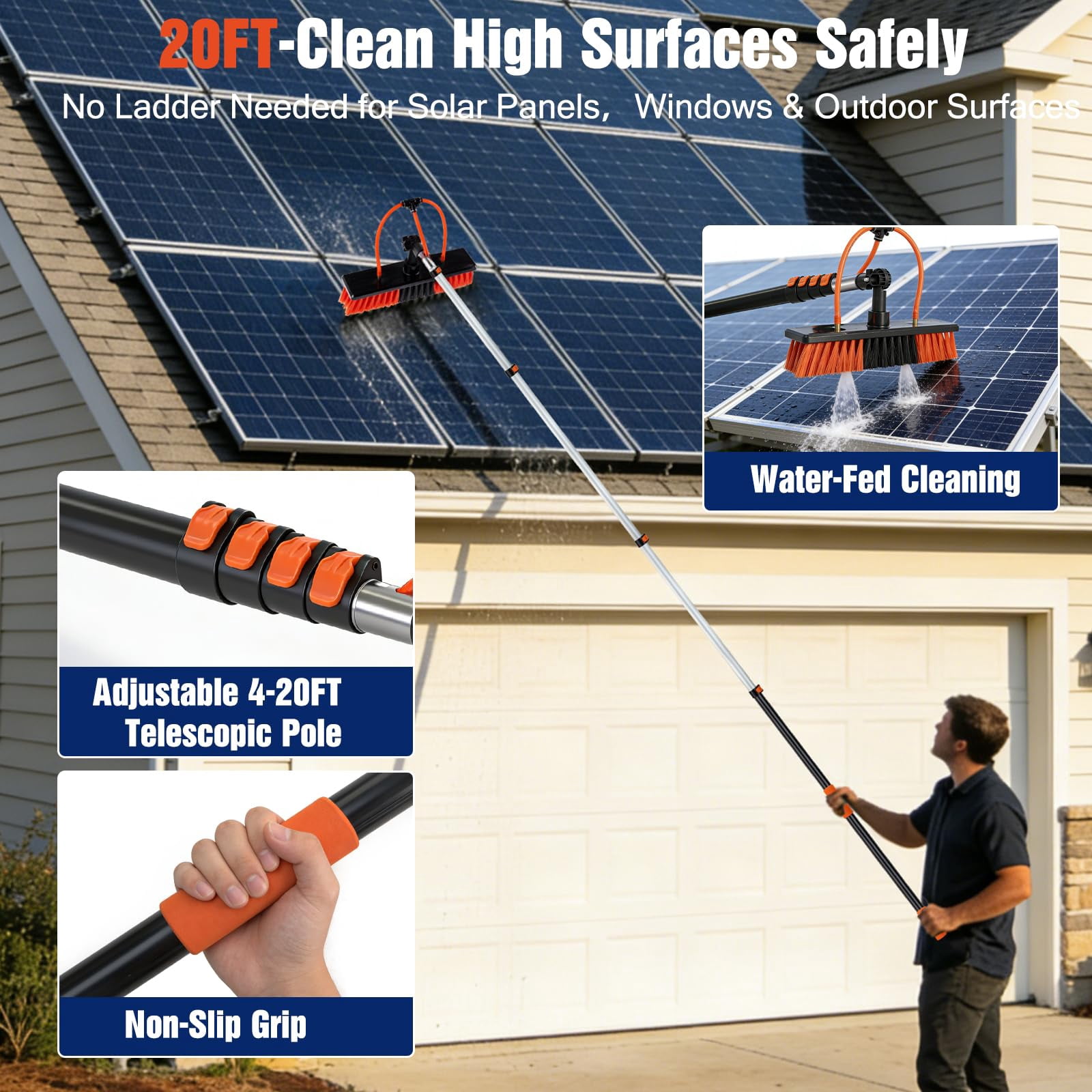 20FT Extendable Cleaning Pole with Adjustable Brush Head & Soap Bottle, Outdoor Cleaning Tool for Windows, Walls, Roofs and Exterior Surfaces