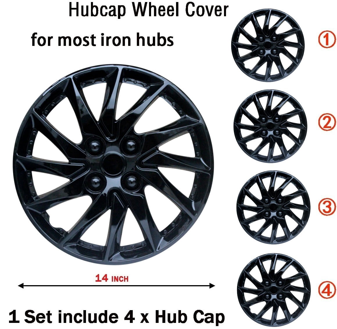 14" Wheel Covers & Hub Caps ABS Black, 4 Pack