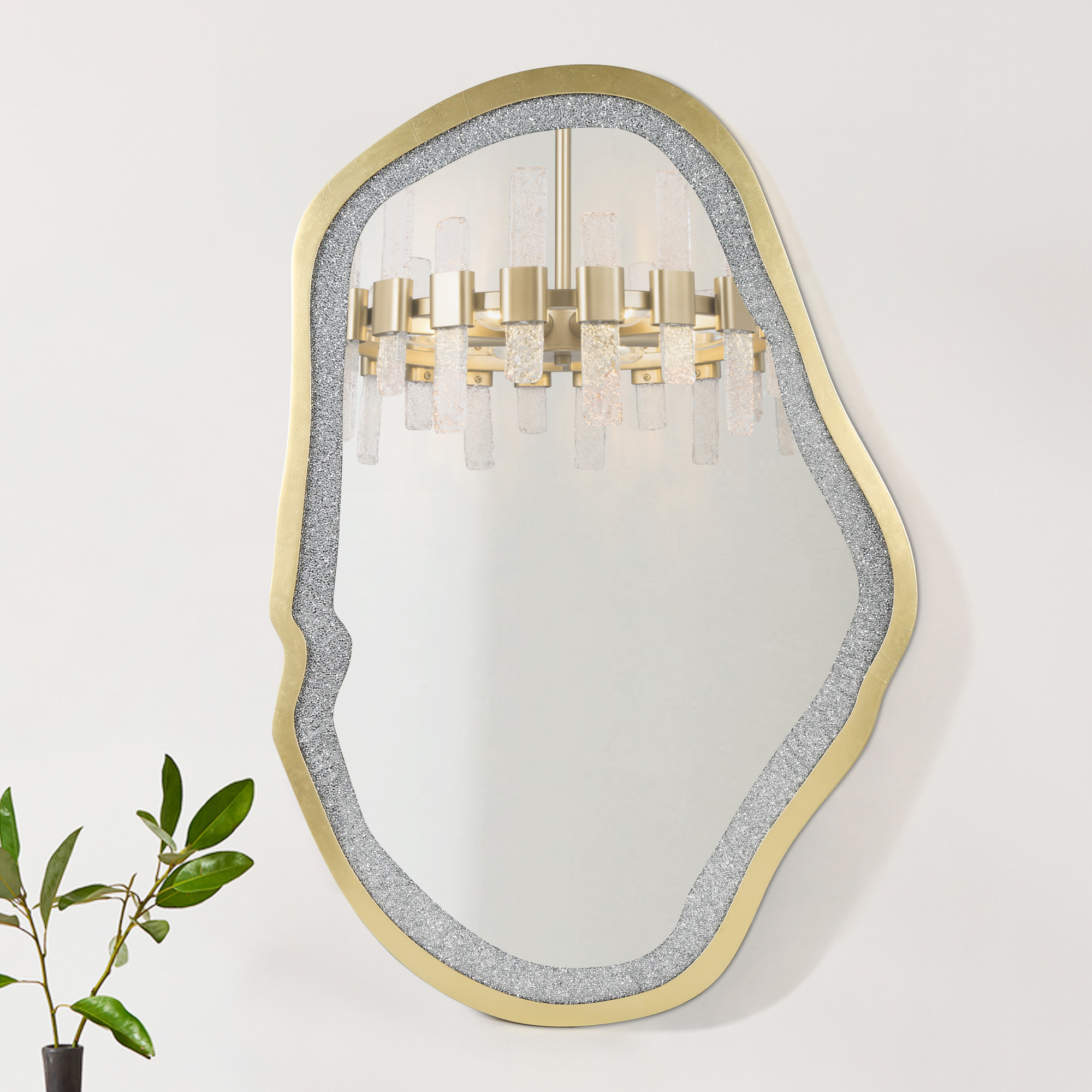 LNC 32.5"x47.2" Irregular Gold Wall Mirror with Rhinestone Inlay for Bedroom or Hallway
