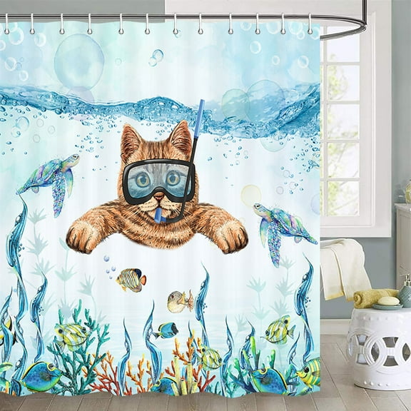 Funny Cat Shower Curtain, Teal Blue Sea Ocean Waterproof Fabric Shower Curtains with Animal Octopus Starfish Turtle Anchor Fish Nautical Bathroom Decor Shower Curtain Set with Hooks (Blue, 72''×72'')
