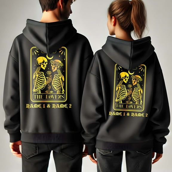 Lotusprinthandmade Personalized Name Couple Skeleton Couple Black Hoodie 2D S-5XL 50/50 Cotton/Polyester Mix (S), valentine's day hoodie for couples, skeleton hoodie personalized