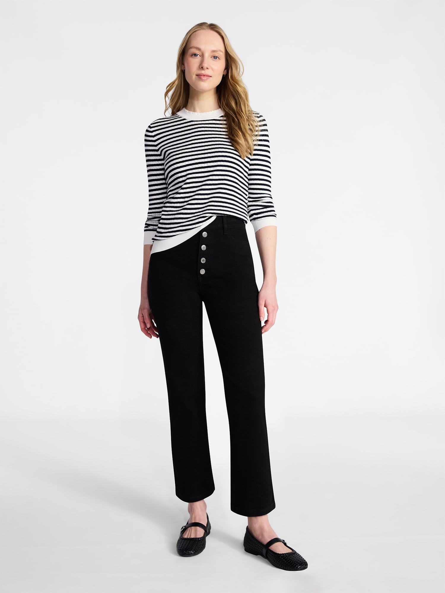 Time and Tru Women's Stripe Pointelle Rib Sweater with Long Sleeves, Lightweight, Sizes XS-XXXL