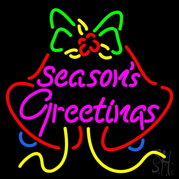 Seasons Greetings With Bell 2 LED Neon Sign 16 x 16 - inches, Clear Edge Cut Acrylic Backing, with Dimmer - Bright and Premium built indoor LED Neon Sign for special occasion decor.