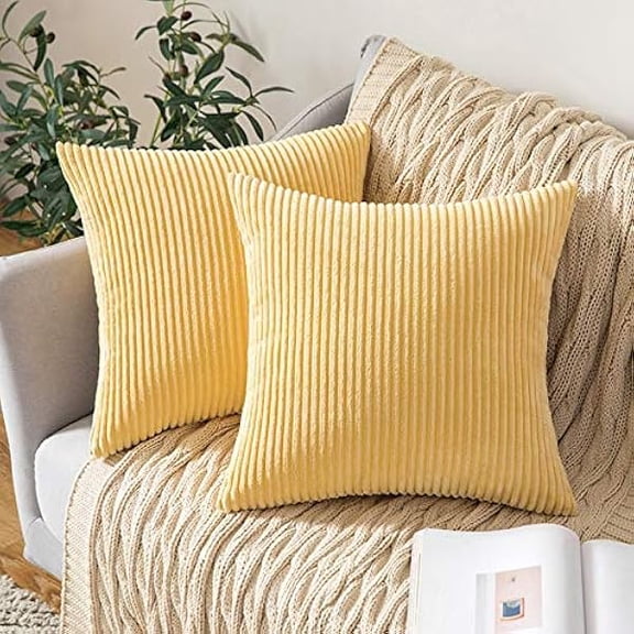 Eryueer Striped Corduroy Fabric Square Throw Pillow Case,Solid Cushion Cover Sham Home for Sofa Chair Couch/Bedroom Decorative Pillowcases Bright Yellow 24"x24" 2 Pieces