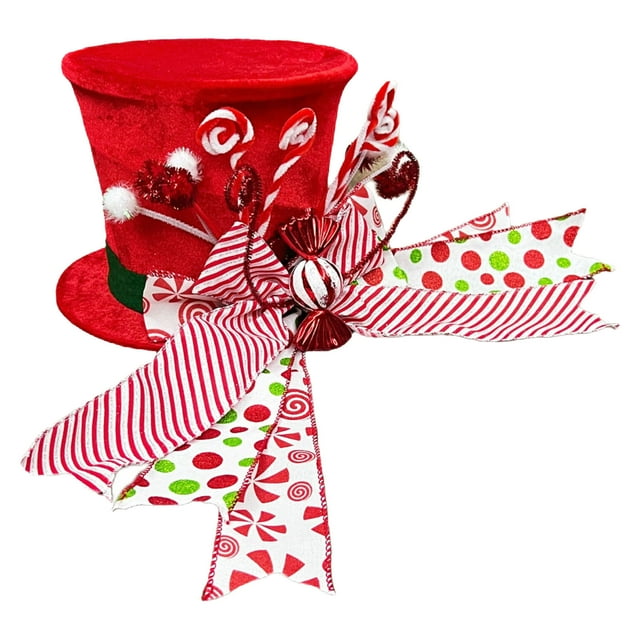 SIfdSeng Get it Fast Candy Christmas Tree Topper Hat Red Tree Topper Hat with Candy Peppermint Bows Ribbon Ornament Top Hat Christmas Tree Topper for Home Holiday Xmas Tree Decoration